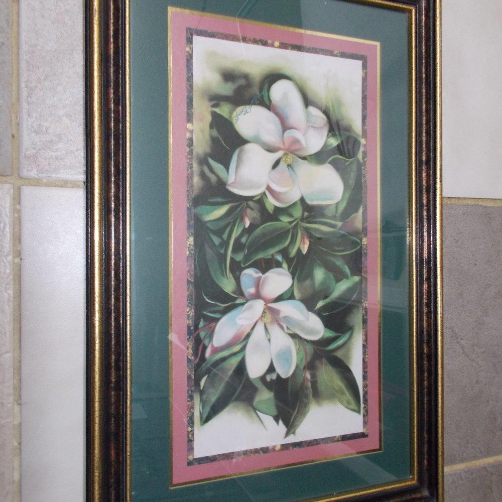 EUC, Beautiful floral print signed, matted & framed in wood frame, 22.5"x14.5" - Picture 2 of 6